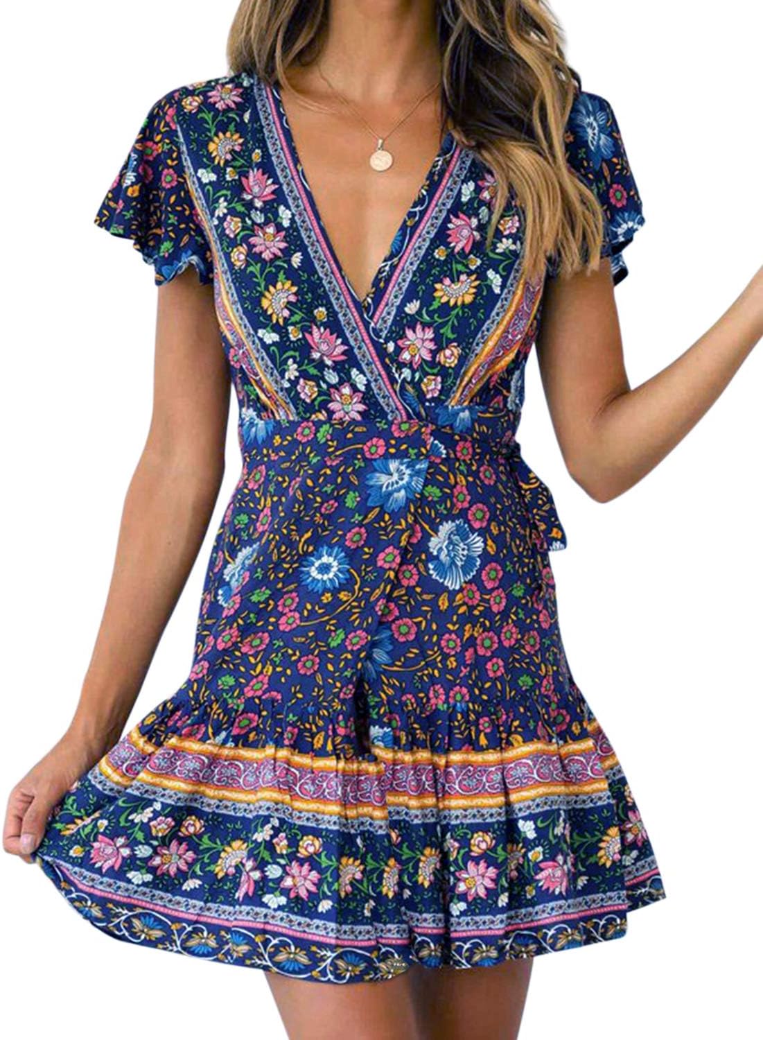 PERSUNWomen’s Summer Wrap V Neck Bohemian Floral Print Ruffle Swing A Line Beach Mini Dress