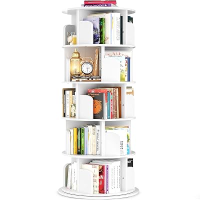 Besiost Rotating Bookshelf Tower, 5 Tier Spinning Bookcase, Revolving 360 Book Shelf Narrow Tall Bookcase, Vertical Turning Round Bookshelf Organizer, Wood Corner Book Shelf for Small Space, White
