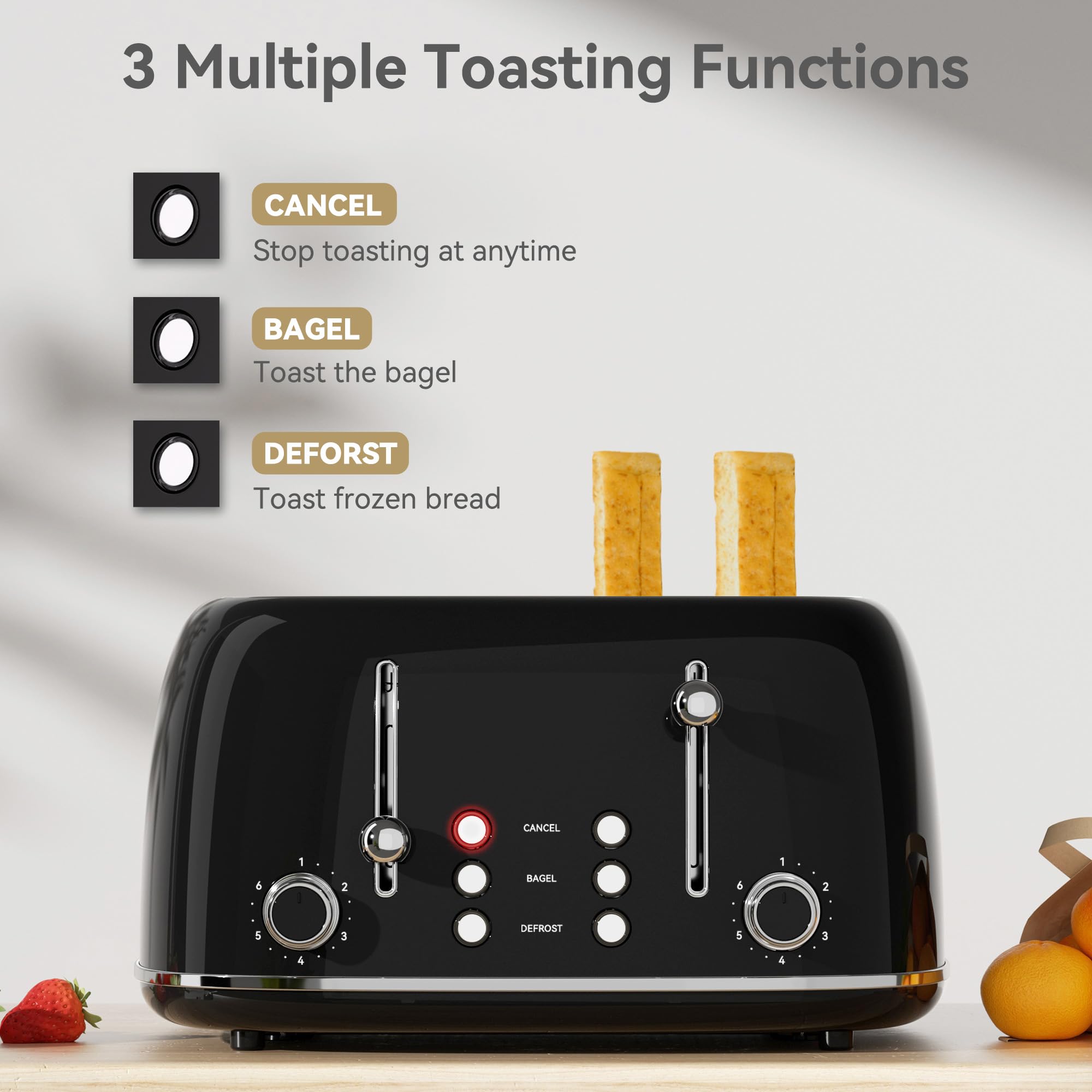 Tostadora de 4 rebanadas, tostadora retro de acero inoxidable con 6 configuraciones de pantalla de pan, ranuras de 1.5 pulgadas de ancho con funciones de cancelar/descongelar/recalentar, panel de control dual independiente, bandeja para migas de extracción (negro)