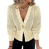 Cicy Bell Womens Cropped Crochet Cardigans Hollow Out Button Down Lantern Sleeve Knit Sweaters Casual Mesh Loose Fit Cover Up