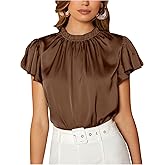 Milumia Women's Satin Ruffle Short Sleeve Blouse Frilled Mock Neck Pleated Dressy Work Shirt Tops