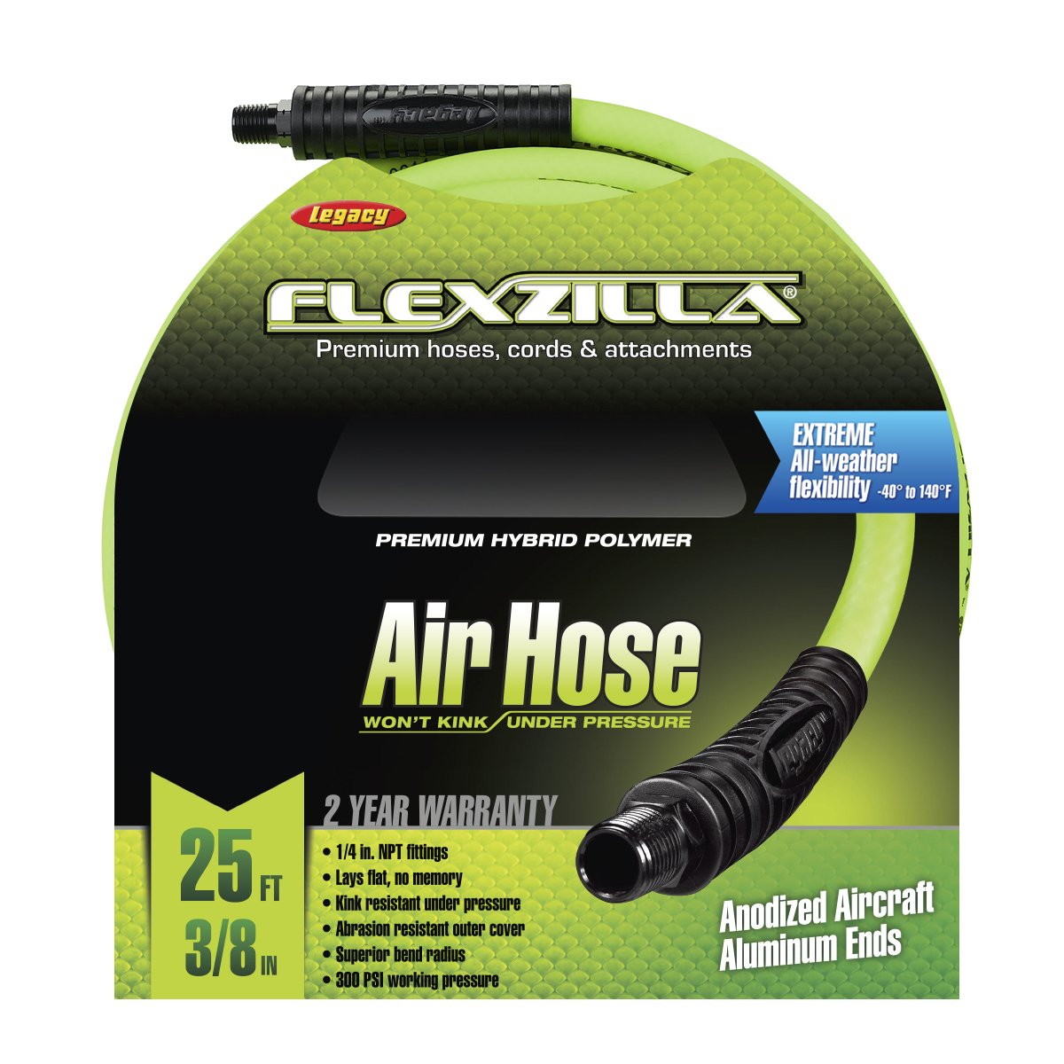 Flexzilla Air Hose, 3/8 in. x 25 ft, 1/4 in. MNPT Fittings, Heavy Duty