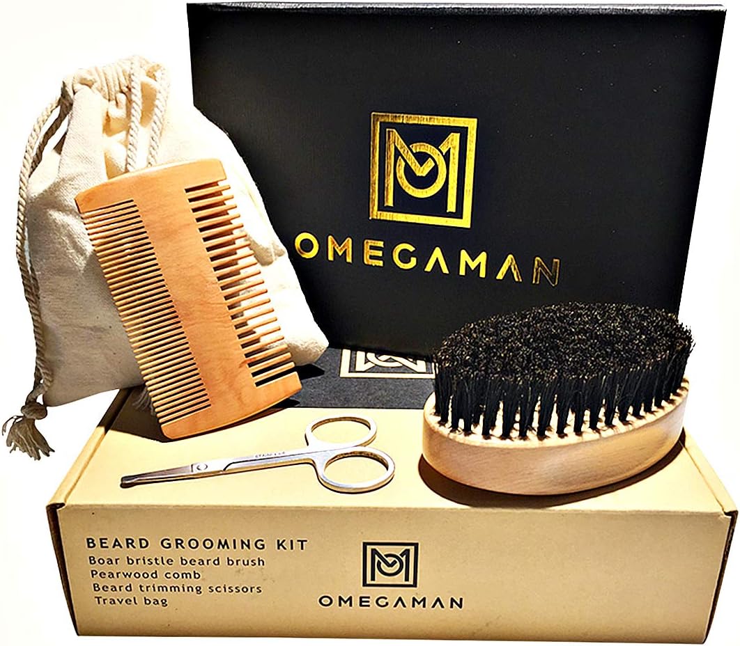 Beard Grooming & Trimming Kit for Men Care, Boar Bristle Beard Brush, Double Sided Tooth Comb, Trimming Scissors for Styling, Gift Box, Business Gift