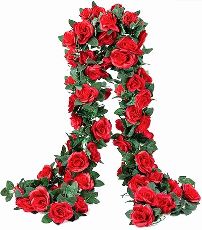 OWPFJG Künstliche Blumen, Girlande aus Seide, lebensecht, Dekoration für Hochzeit, Bogen, Tür, Arrangement, Party, Garten, Zuhause, Schlafzimmer, Büro, Dekoration, Rot, 2 Stück