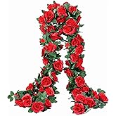 OWPFJG 2 Pack (16FT) Artificial Rose Vine Fake Flowers Garland Hanging Silk Rose Ivy Plants Vine for Mother's Day Wedding Arch Party Garden Wall Aesthetic Art Décor (Red)