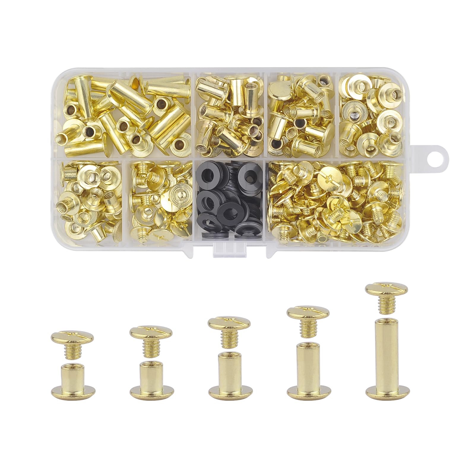 CANGCANG 100 Set Chicago Screws,M5*4/6/8/10/12mm Rivets for Leather, Book Binding Rivets,Rivet Chicago Binding Screws,Brass Screws,Metal Rivet Replacement Repair for Bags DIY Handbag (Gold)