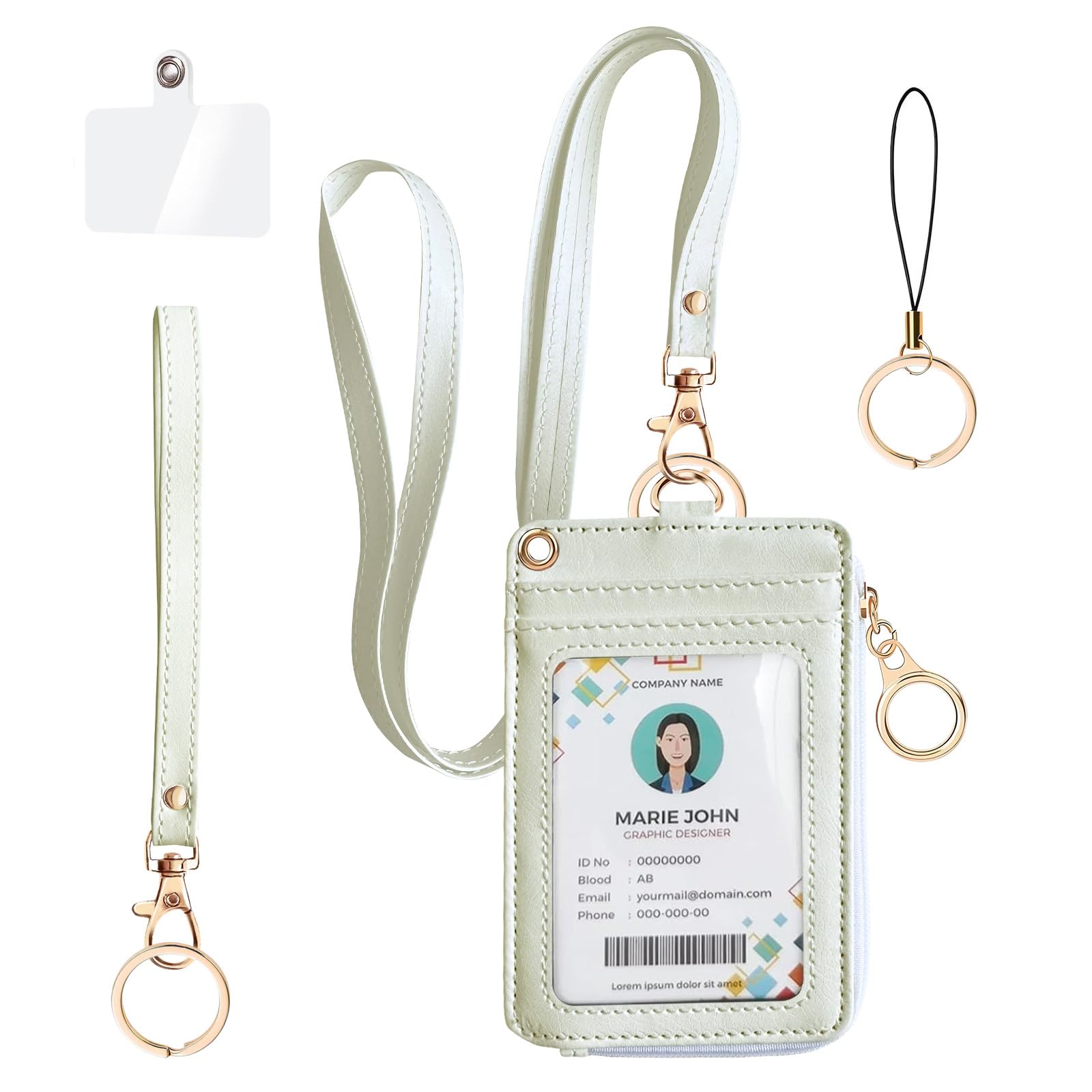 bolimoss 2-in-1 ID Badge Holder & Lanyard Wallet, Leather ID Badge Card Holder Wallet with 5 Card Slots, 1 Side Zipper Pocket,Detachable Keychain Lanyards Wristlet Strap for Office School, White