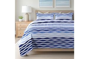 SLPR Blue Wave 2-Piece Quilt Set - Twin Size with 1 Sham, Coastal Beach House Bedding with Nautical Wave Design for Kids, Summer Ocean Waves Quilted Bedspread in Beachy Theme