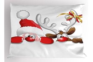 Ambesonne Christmas Pillow Sham, Funny Christmas Santa Claus and Reindeer Peeking Cartoon Style Humor, Decorative Standard Queen Size Printed Pillowcase, 30" X 20", Vermilion Caramel White