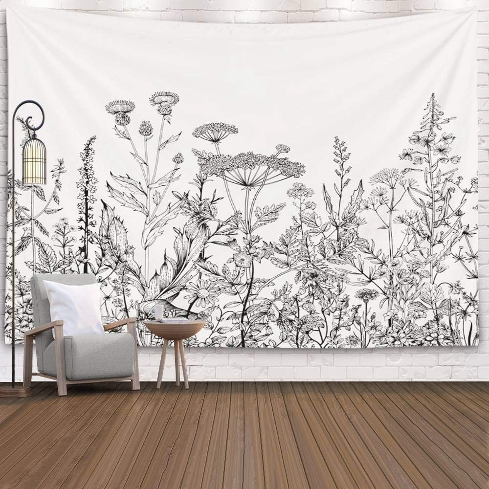 Pamime Yellow Tapestry,Nature Tapestry Wall Hanging, Home Decor Tapestry Floral Herbs Wild Dorm Bedroom Living Room 80X60 Inches（200X150Cm） Inhouse,Grey Black