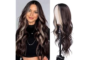 T-color Long Brown Mix Blonde Wavy Wig for Women 26 Inch Middle Part Curly Wavy Wig Natural Looking Synthetic Heat Resistant Fiber Wigs for Daily Wear, Party, Cosplay