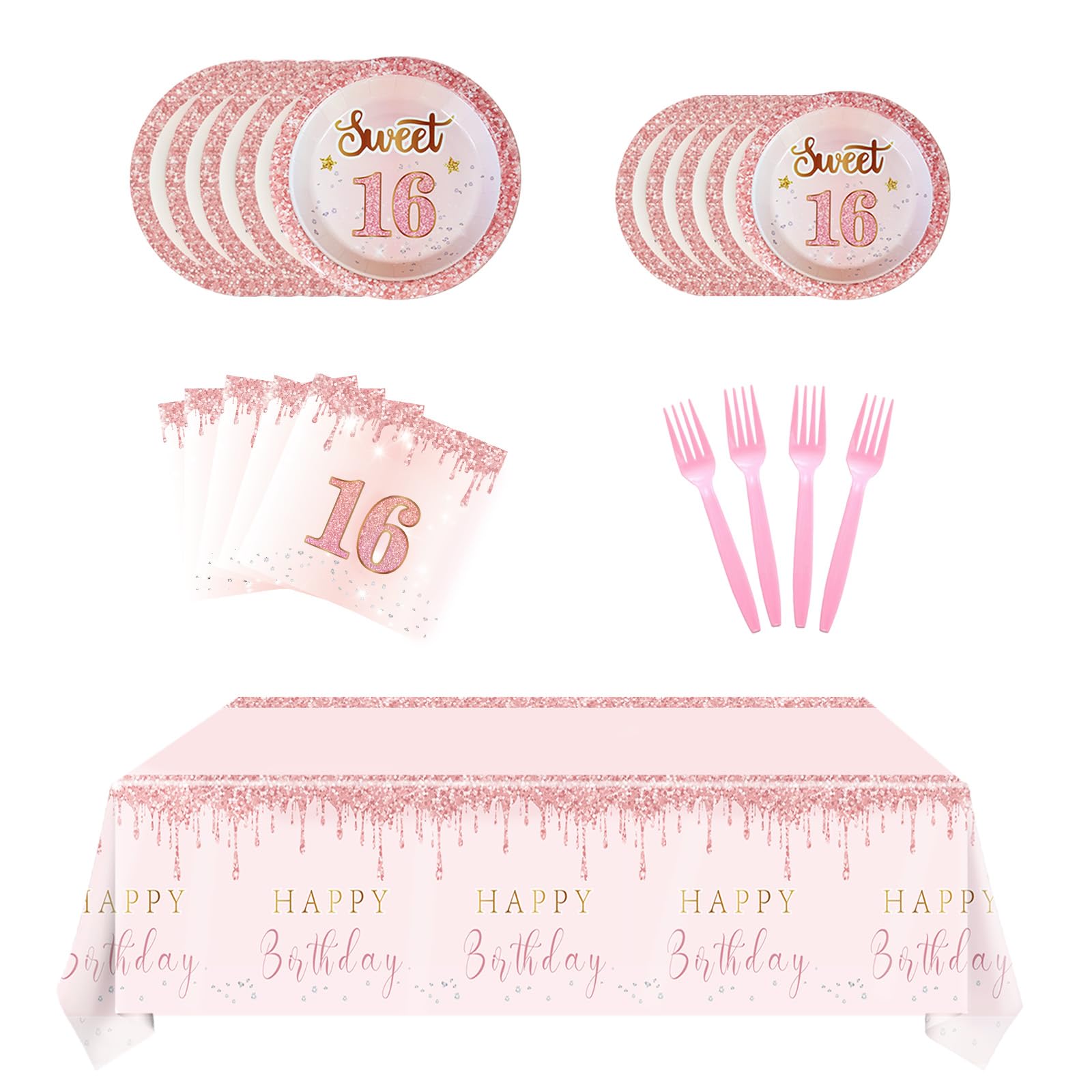 Photo 1 of Sweet 16 Party Decorations Tableware,Rose Gold 16th Birthday Plates and Napkins Forks Tablecloth,Disposable Pink Tableware Set for 20 Guests Girls Sweet Sixteen Happy Birthday Decorations