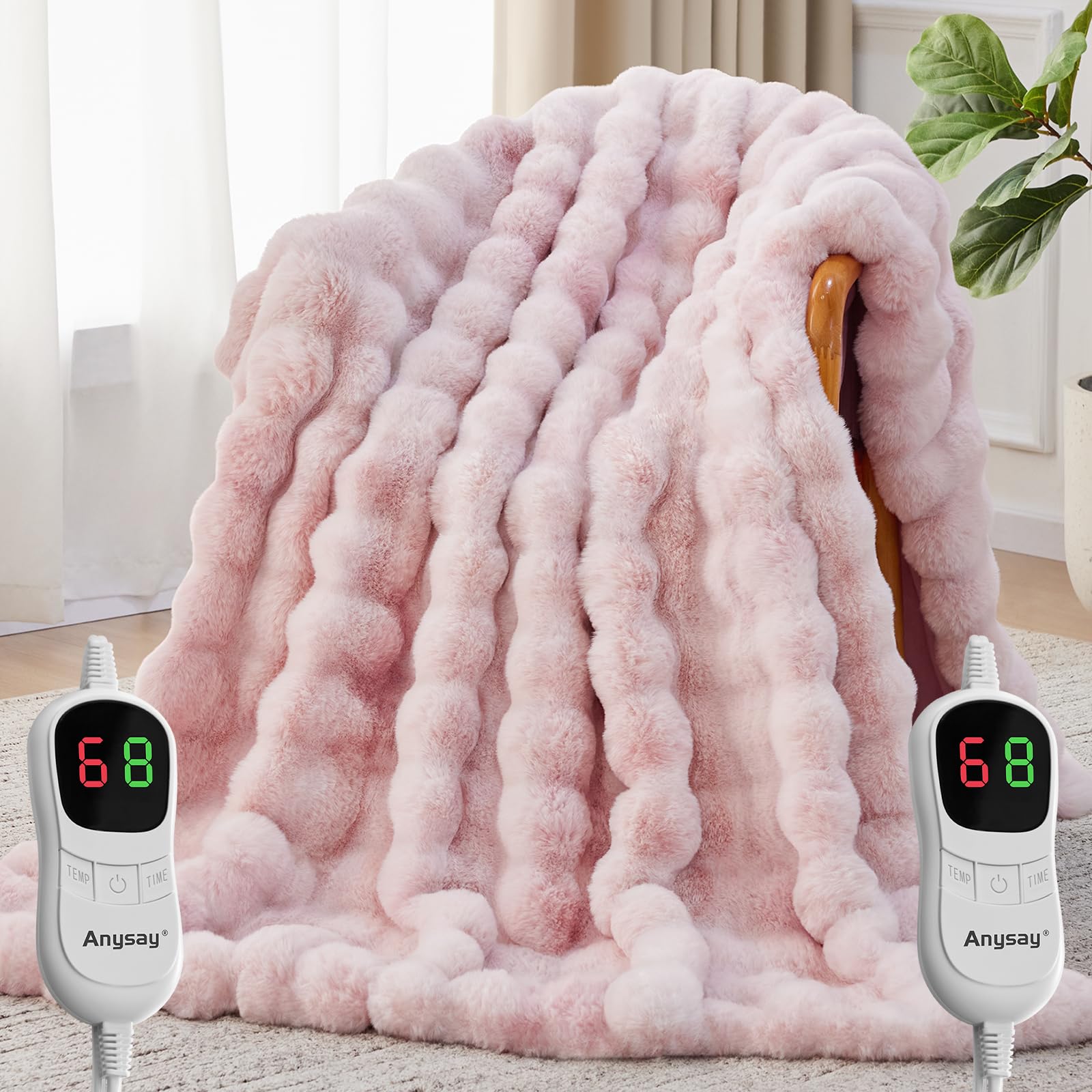 Photo 1 of Anysay Heated Blanket Throw with 1/2/4/6/8 Hours Auto-Off 10 Heat Level, 90'' * 100'' Cozy Faux Rabbit Fur Bubble Electric Blanket with Overheat Protection(Tie-Dye Pink)
