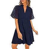 PRETTYGARDEN Eyelet Dresses for Women 2026 Summer Short Sleeve V Neck Hollow Out Ruffle A Line Boho Beach Vacation Mini Dress