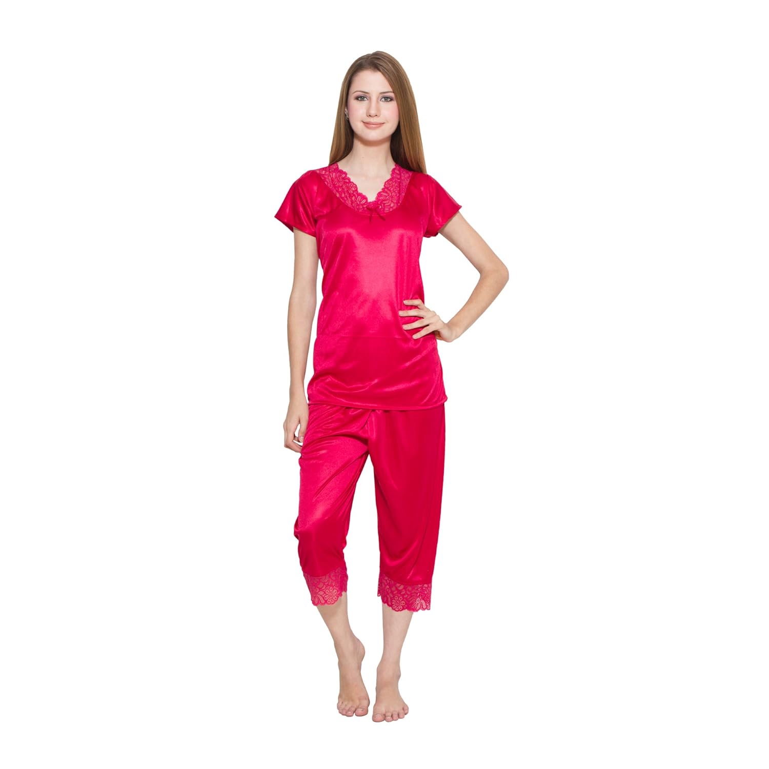 kismat fashion red top & capri set with lace work