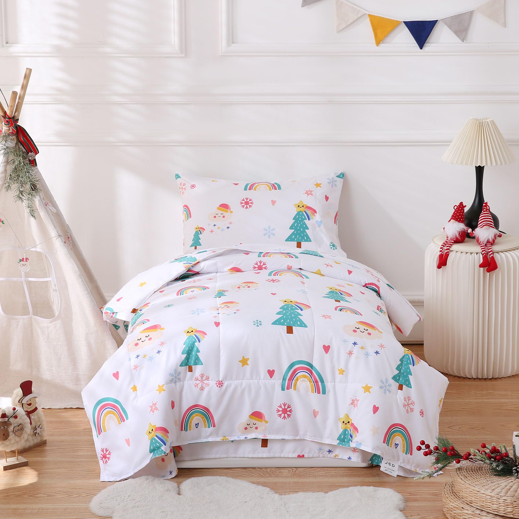 Photo 1 of JSD Rainbow Stars Toddler Bedding Set, 4 Piece Bed-in-a-Bag Tree Snowflakes Winter Comforter and Sheet Set