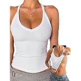 Danysu V Neck Cotton Tank Top with Built-in Shelf Bra Racerback Fitted Cami | Skin-Tone Lining, Self Bra, Stretchy Ribbed, Sexy V Neck, Fitted Shirt, Y2K Summer Going Out, Everyday Tank