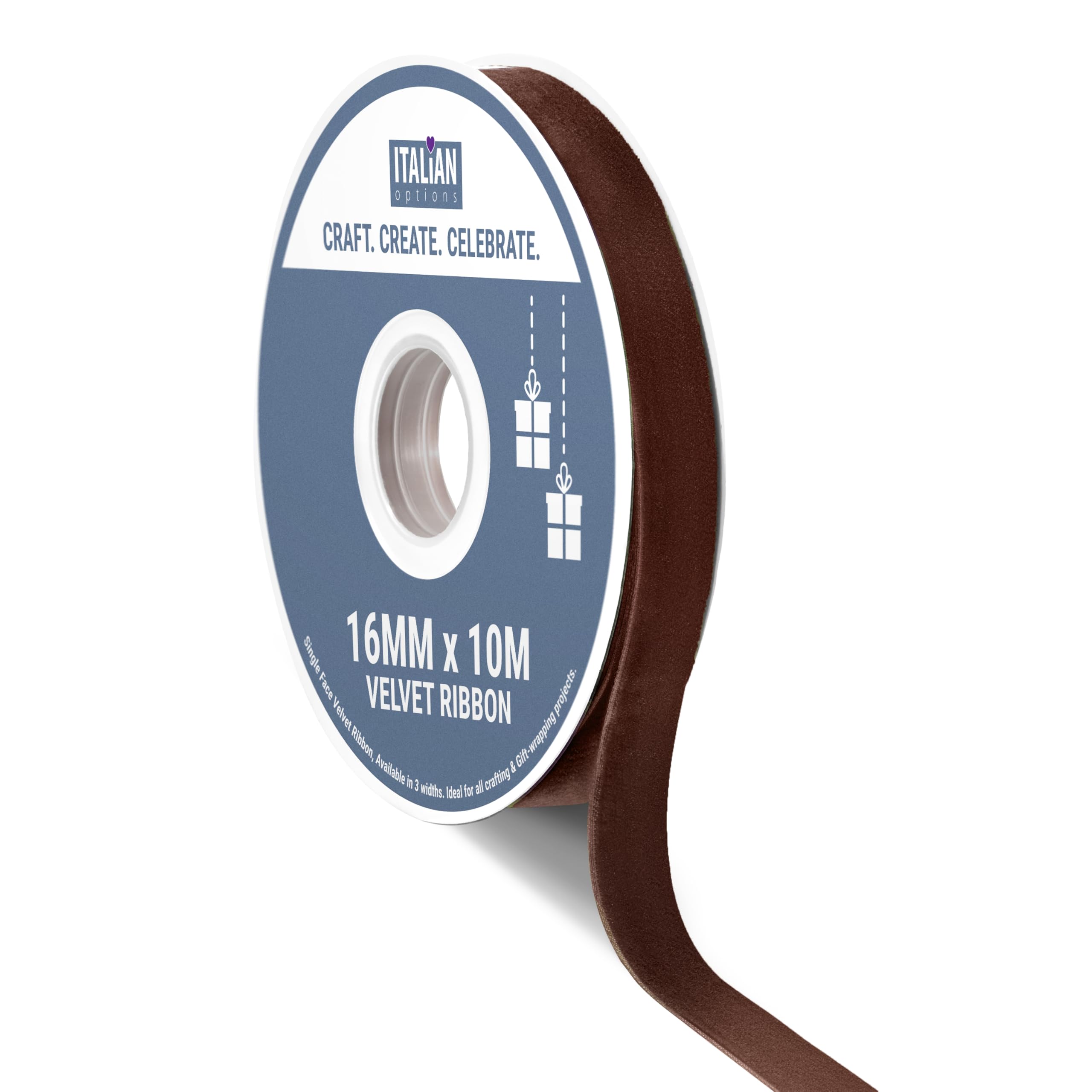 Italian Options Velvet Ribbon, Luxury, Single-Face Velvet Ribbon for Crafting, Christmas, Bows, Hair, Cakes, Weddings, Ornaments, Gift Wrapping, Flowers, 16mm x 10 Metre Roll, Dark Brown