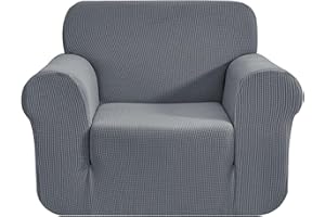 CHUN YI Stretch Chair Sofa Slipcover 1 Piece Couch Cover, 1 Seater Settee Coat Soft with Elastic Bottom, Checks Spandex Jacquard Fabric,Small,Light Gray