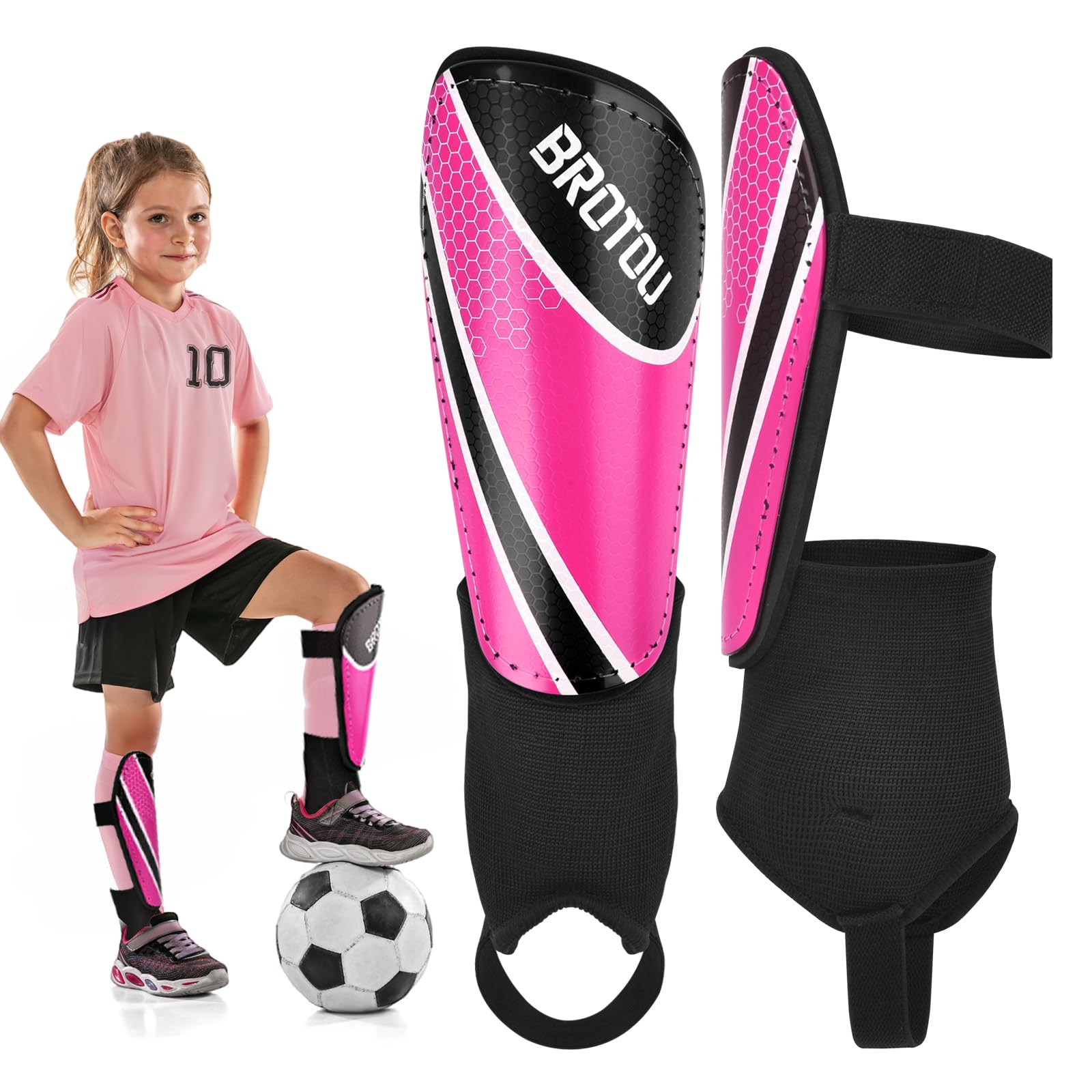 Youth Football Shin Guards, BROTOU High Strength Junior Shin Pads with Calf & Ankle Protection, Lightweight Design, Breathable, Non Slip Extended Adjustable Straps, for Boys and Girls (S, Rose Red)