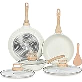 ESLITE LIFE Nonstick Ceramic Frying Pans Skillets Set with Lids, Non-Toxic Egg Omelette Kitchen Cooking Pans Compatible with All Stovetops (Gas, Electric & Induction), PTFE & PFOA Free (White)