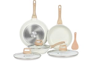 ESLITE LIFE Nonstick Ceramic Frying Pans Skillets Set with Lids, Non-Toxic Egg Omelette Kitchen Cooking Pans Compatible with All Stovetops (Gas, Electric & Induction), PTFE & PFOA Free (White)