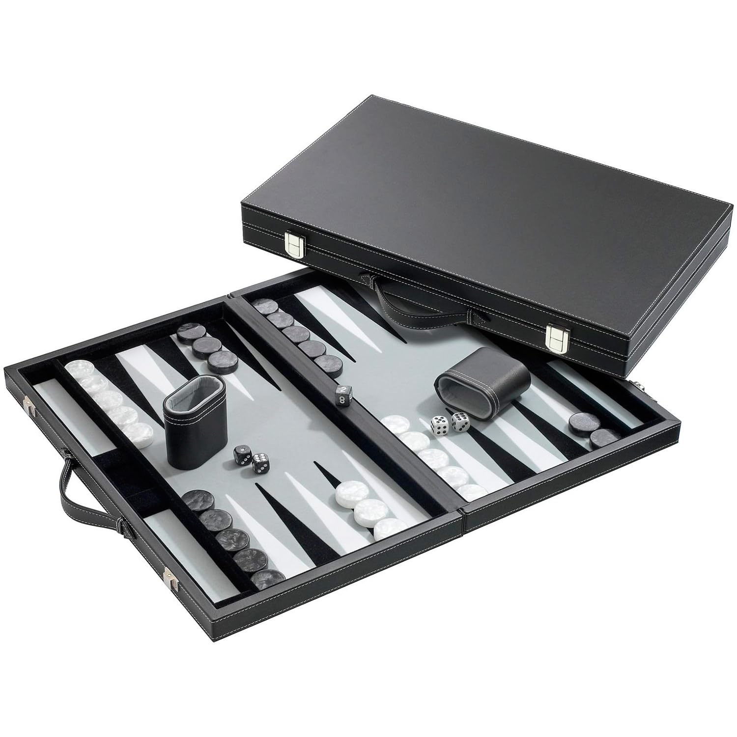 Deluxe 15 Inch Black Vinyl backgammon case inlaid grey felt