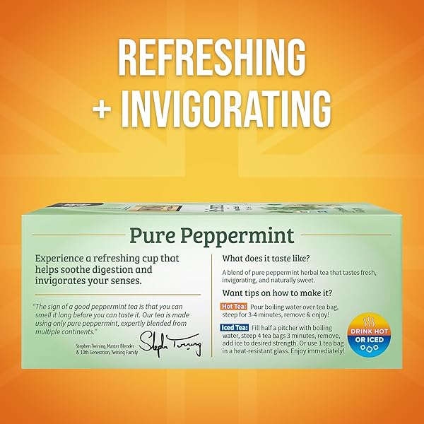 TWININGS PURE PEPPERMINT HERBAL TEA INDIVIDUALLY WRAPPED BAGS, 100 COUNT (PACK OF 1), FRESH MINTY FLAVOUR, NATURALLY CAFFEINE-FREE, ENJOY HOT OR ICED, 100 TEABAGS