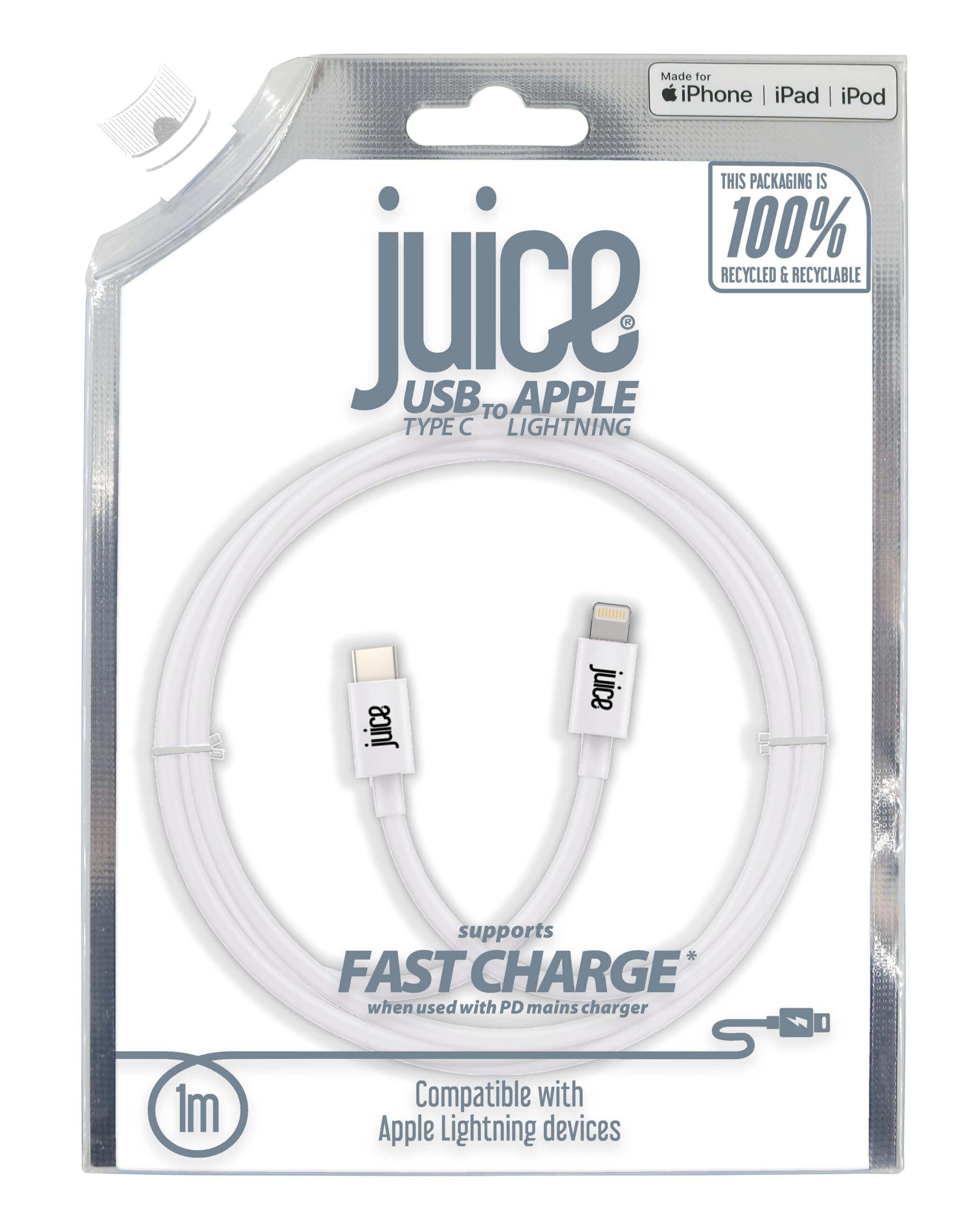 Juice iPhone Charger Cable 1M, MFi Certified Lightning to USB-C Charging Cable Fast Charger for iPhone 14 13 12 11 Pro Max XR XS X 8 SE iPad – White
