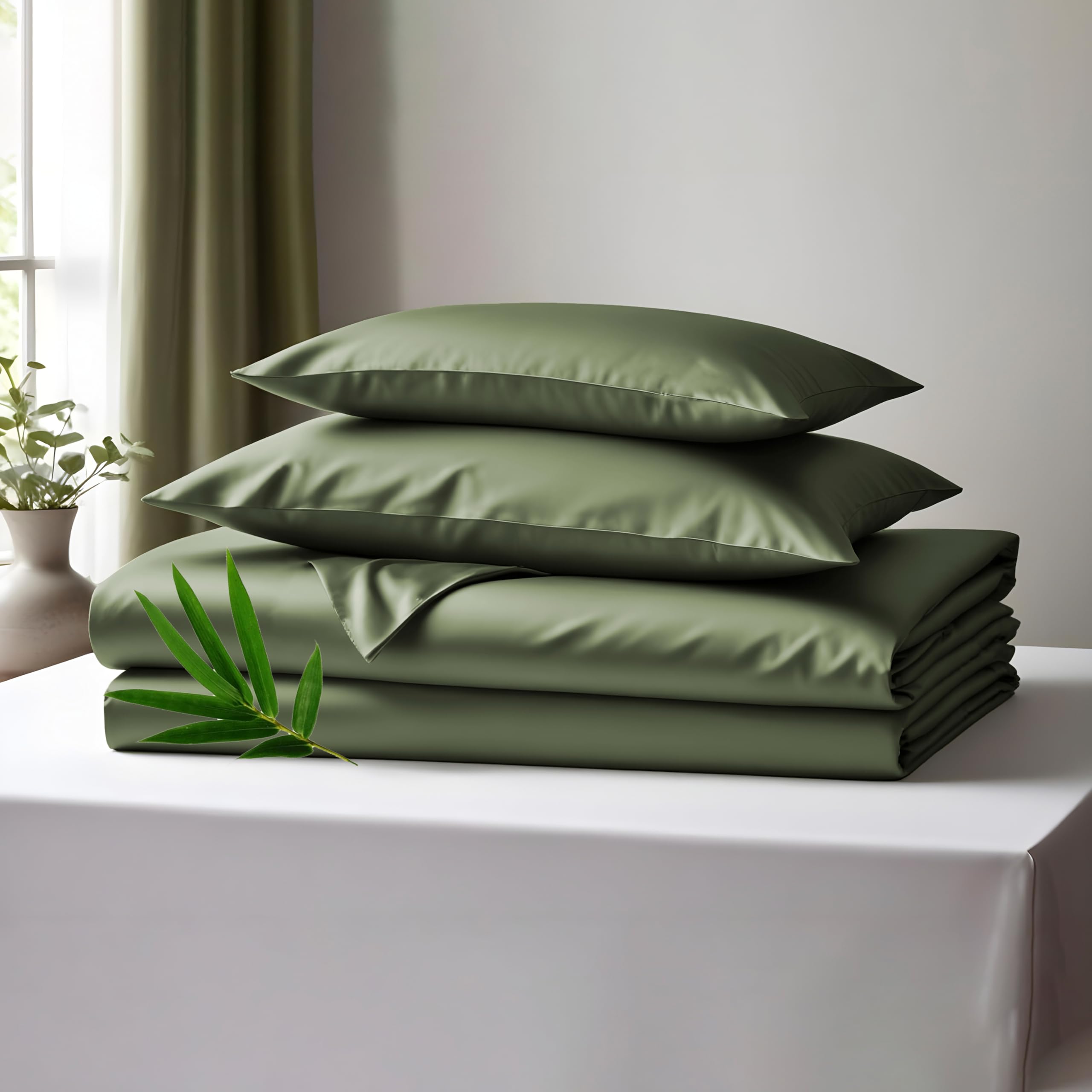 LINENWALAS Double Bed Sheet Set, 300 Thread Count 100% Bamboo Double Bedding Set, Cooling Sateen Weave Silk Sheets Set with 1 Fitted Sheet, 1 Flat Sheet & 2 Pillowcases (Double, Avocado Green) — image 1