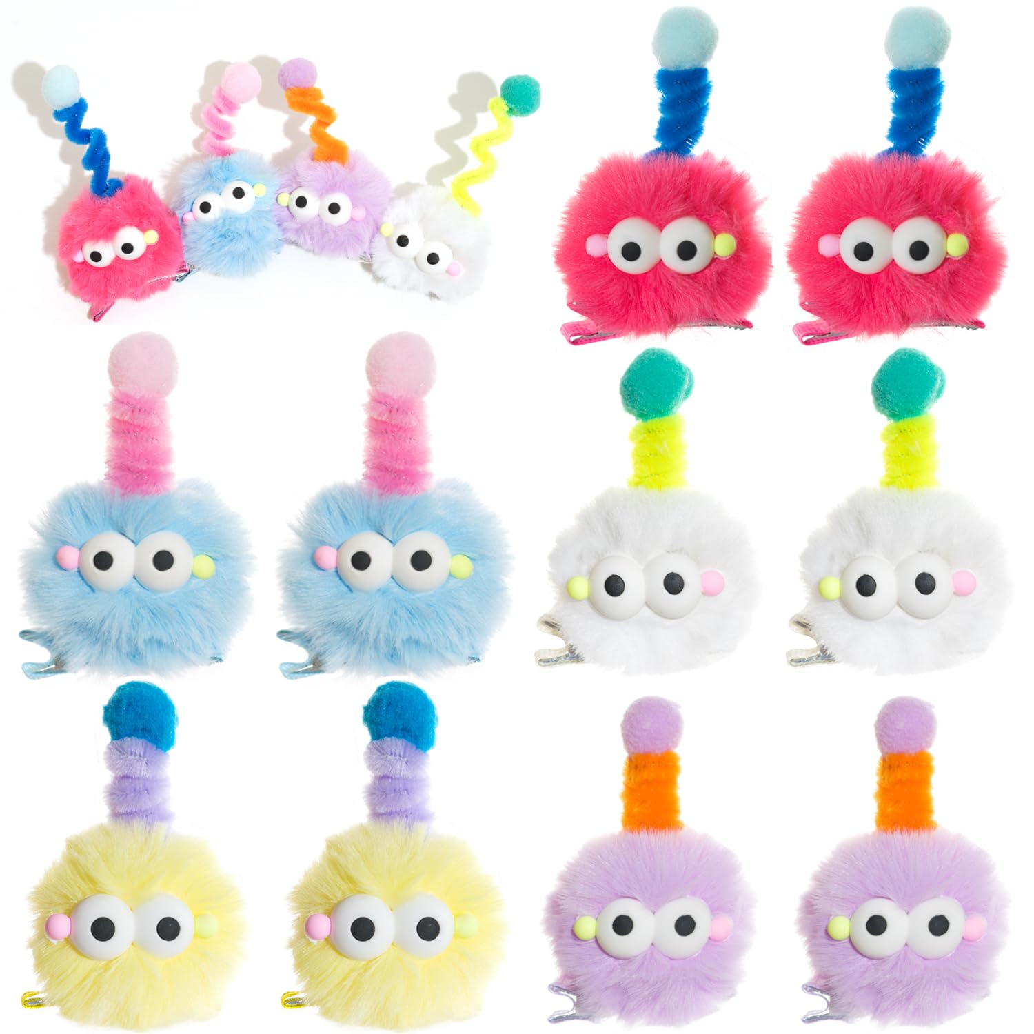 Photo 1 of 10 PCS Cartoon Pom Poms Hair Clips, Crazy Hair Day Accessories for Kids, Fuzzy Pom Poms Hair Barrettes for Crazy Hair(5 Pairs)