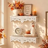 Walasis Whitewashed Wood Floating Wall Shelves Set of 2, 16.5in &amp; 15in Long | Shelves with Crown Molding Details, Distressed Displaying Decor in Bedroom and Living Room