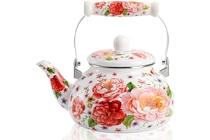 DEAYOU 2.6 Quart Enamel Tea Kettle Stovetop, Large Porcelain Enameled Teakettle, 2.5L Vintage Tea Pot with Ceramic Cool Handle, Colorful Floral Steel Teapot for Hot Water, Retro Decor, No Whistling