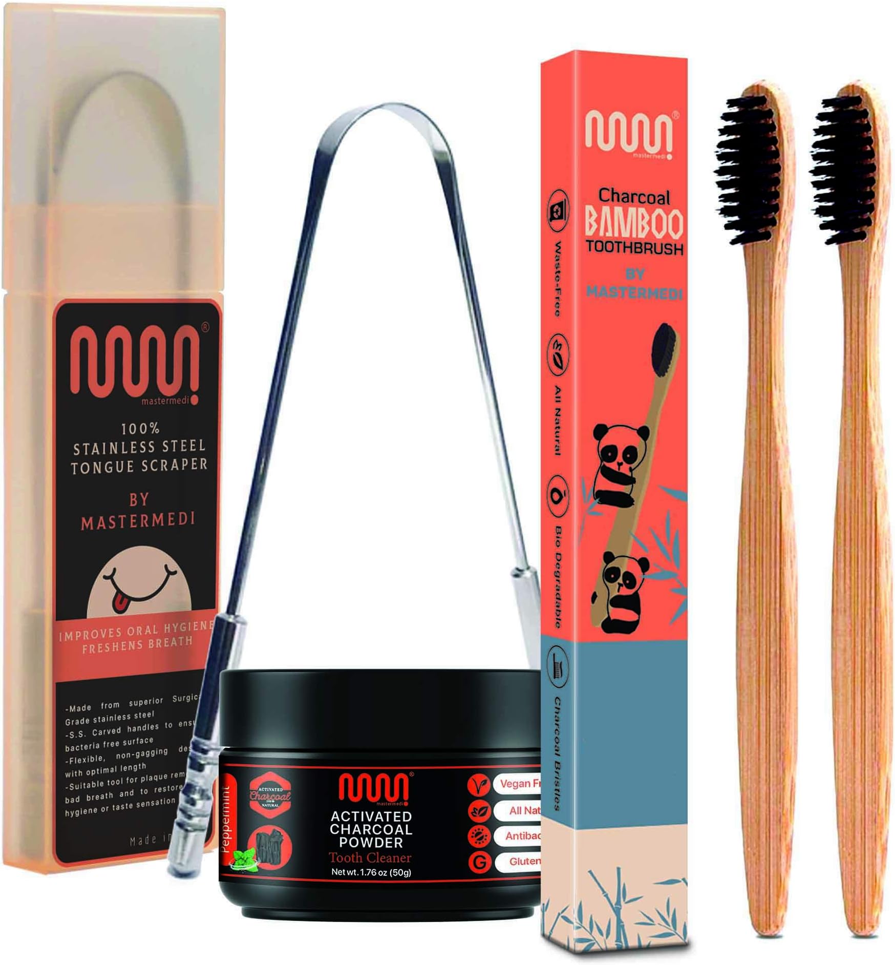 MasterMedi Oral Care Charcoal Kit - All-in One Saver Pack (4 Piece Set) - Activated Charcoal Teeth Whitening Powder - 2 Soft Bristle Bamboo Tooth Brush - Flexible Stainless Steel Tongue Scraper