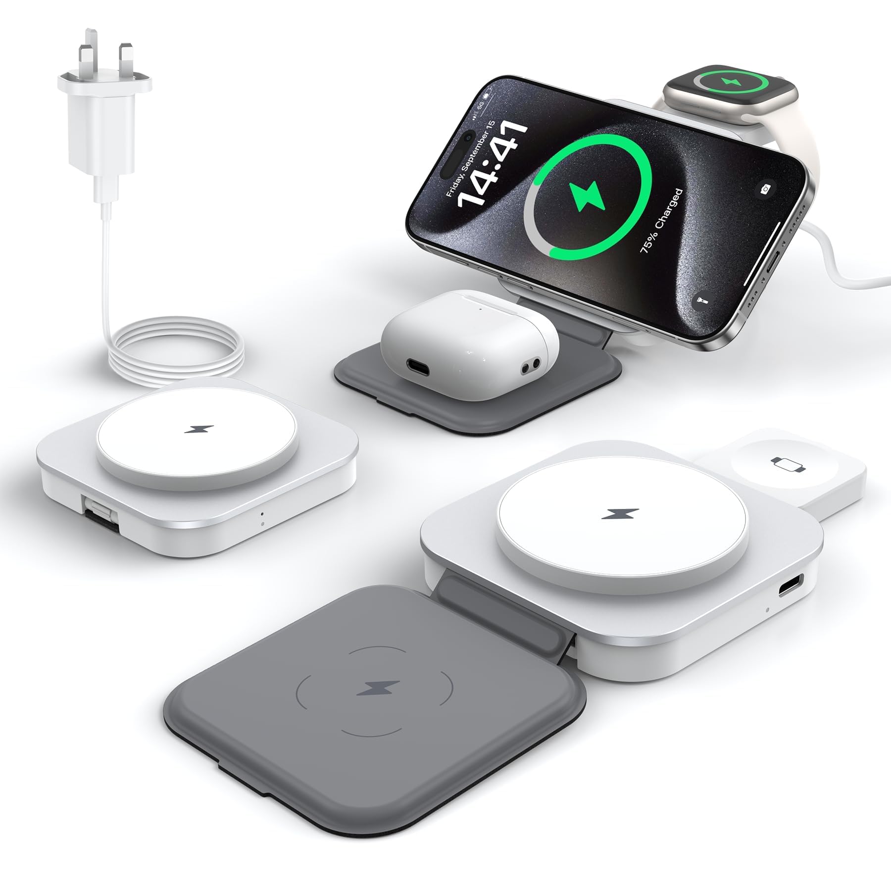 Keepro 3 in 1 Wireless Charger for MagSafe, Magnetic Foldable Travel Fast Charging Station Stand for Apple Devices iPhone 16/15/14/13/12 Series, AirPods Pro/4/3/2 & Apple Watch (Adapter Included)White