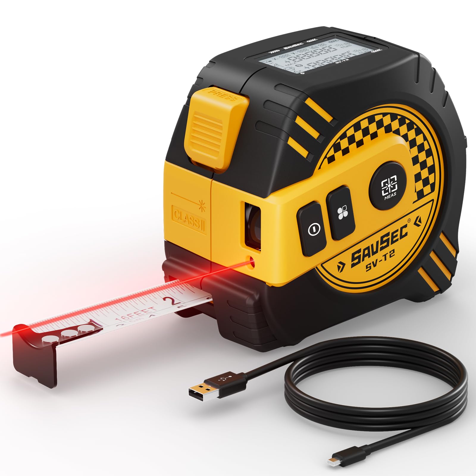Laser Measure, SAVSEC Laser Tape Measure 131ft/40M Rechargeable with LCD Backlight, ±2mm High Accuracy Laser Distance Meter, 4 Switchable Unit, Pythagorean/Area/Volume Calculation & 5 m Tape Measure