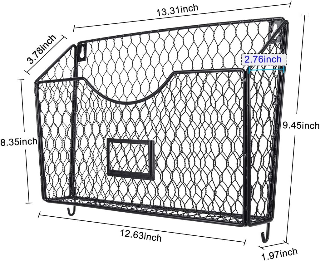 PAG 3 Pockets Hanging File Holder Wall Mount Mail Organizer Metal Chicken Wire Magazine Rack with Tag Slot (Black-DG) : Office Products