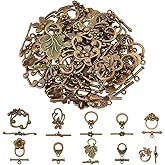 PH PandaHall 60 Sets Flower Toggle Clasp, 10 Styles Toggle Jewelry Clasps T-bar Closure Clasps Metal Bar and Ring Clasps Connectors End Clasps for Necklace Bracelet Jewelry Making, Antique Bronze
