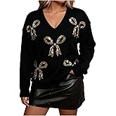 BEAUDRM Women's Plus Size Bow Sequin Baggy Sweater Long Sleeve V Neck Chunky Sweater Sparkly Knitwear Going Out Tops