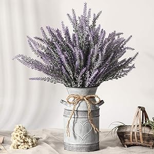 LESING Artificial Lavender Flowers with Vase Fake Lavender Plants in Decorative Metal Vase Rustic Vintage Flowers for Home Farmhouse Decoration (Heart,Purple)