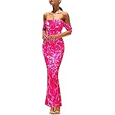 PRETTYGARDEN Cocktail Dresses for Women 2026 Summer Floral Off Shoulder Ruched Mesh Elegant Wedding Guest Maxi Dress