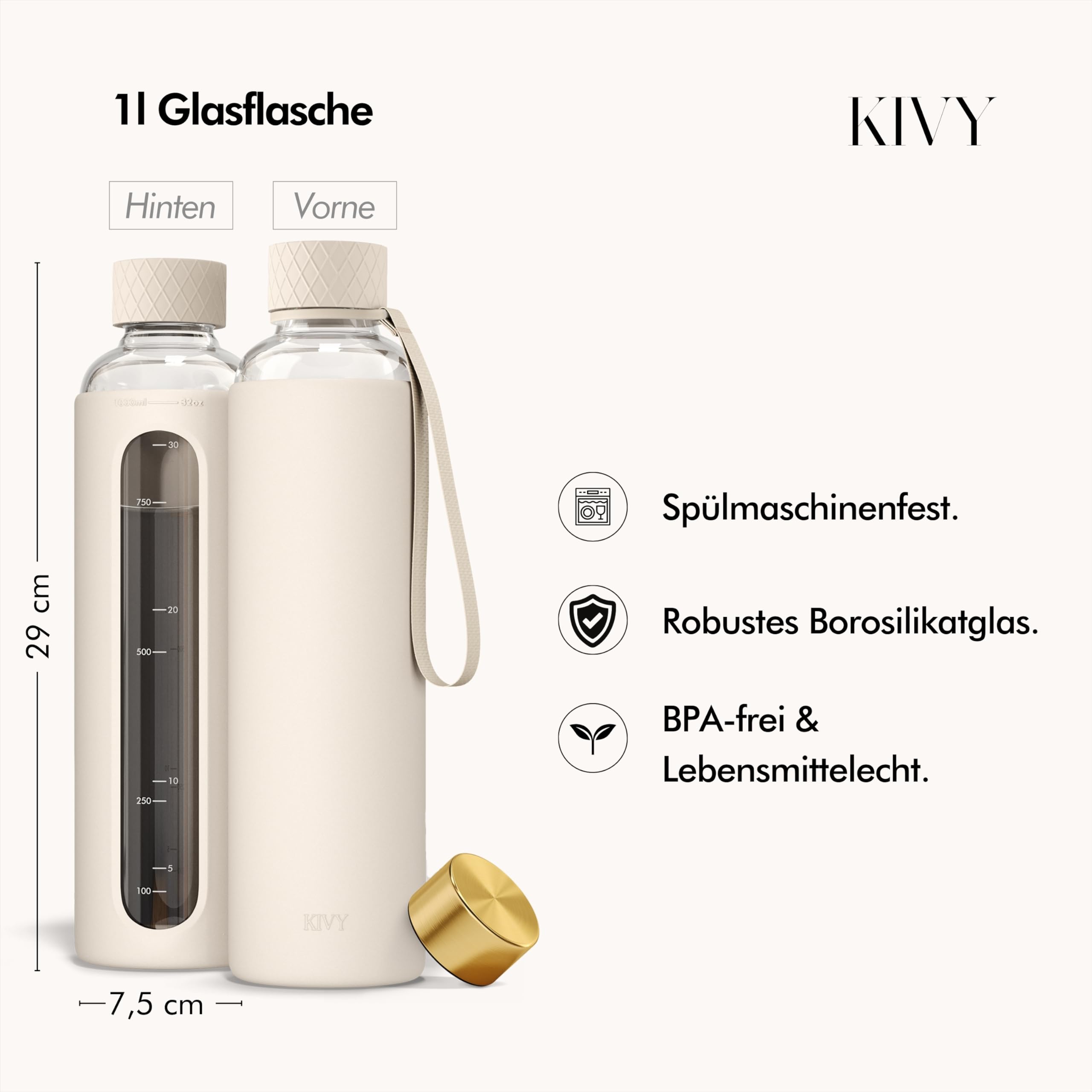 KIVY Glas Trinkflasche 1l mit Silikonschutz - Kohlensäure geeignet 3