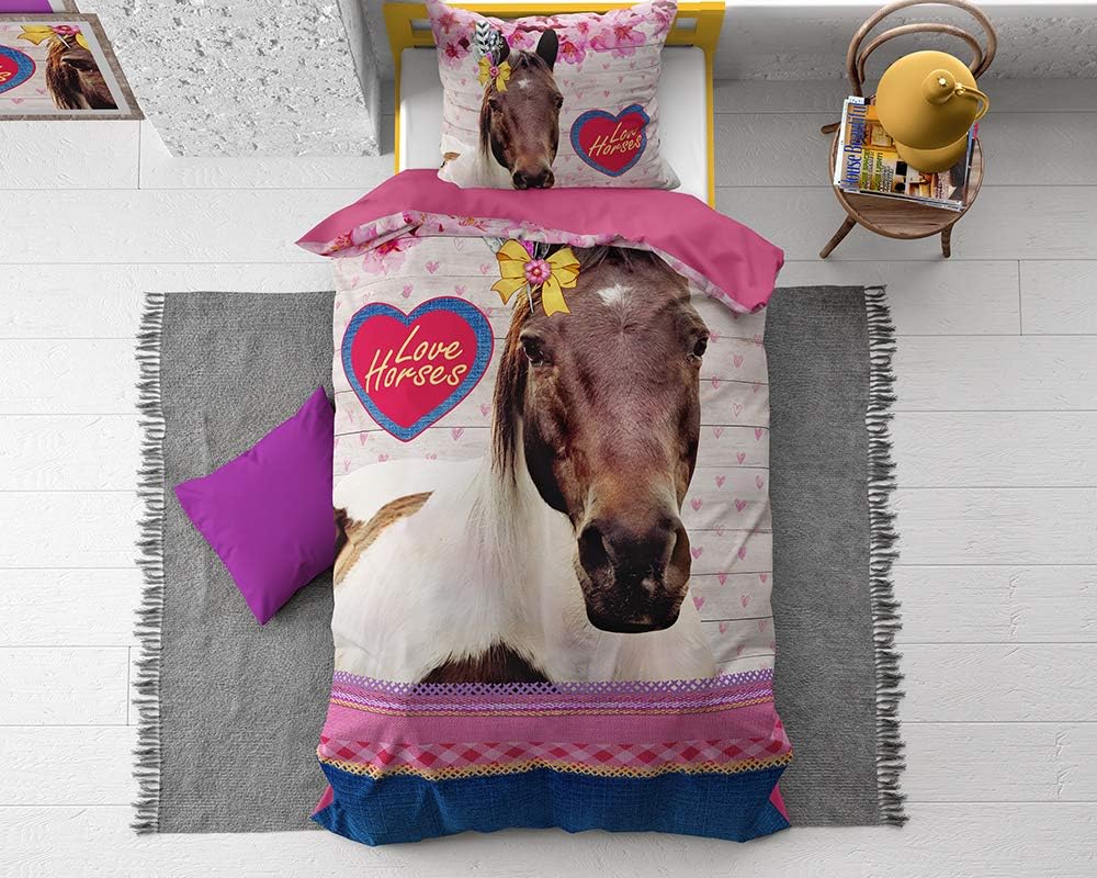 SLEEP TIME Housse De Couette Enfant 100% Coton Cheval, 135cm x 200cm