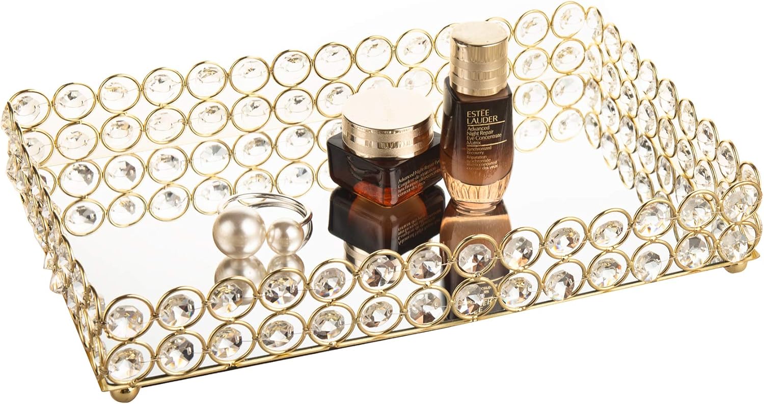 Feyarl Mirrored Crystal Vanity Makeup Tray Ornate Jewelry Trinket Tray Organizer Cosmetic Perfume Bottle Tray Decorative Tray Home Deco Dresser Skin Care Tray Storage (Rectangle 12" x 8") (Gold)