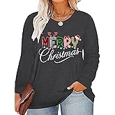 Plus Size Christmas Shirt Women Merry and Bright Long Sleeve Merry Christmas Long Sleeve Xmas T Shirts Tops