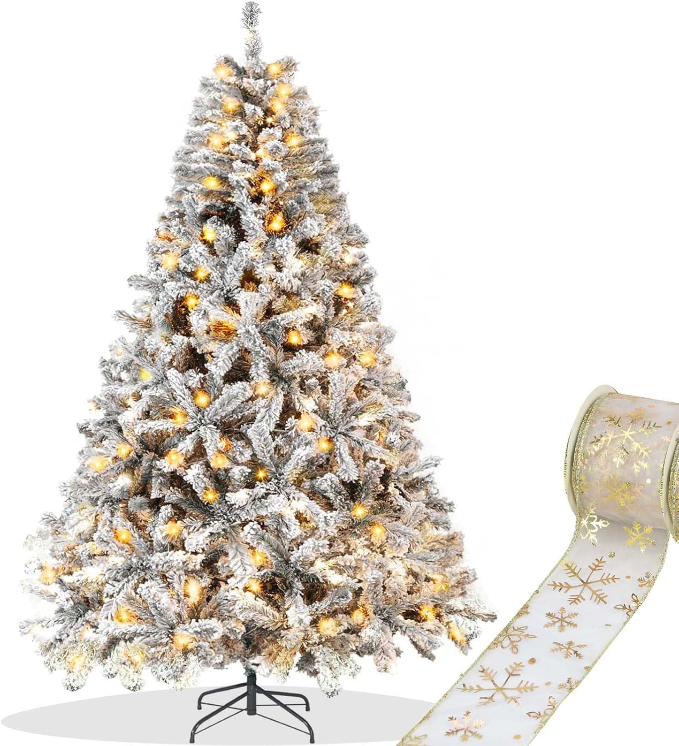 Trees - 7.5ft Pre Lit Flocked Christmas Tree Artificial Xmas Tree Hinged Pine Full Holiday Premium Xmas Tree for Home Office Yard Party Decoration with 531 Warm White LED Lights/1266 Frosted Branch Snow Tips
