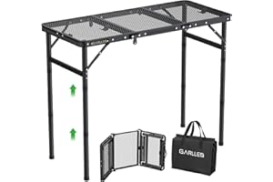 GARLLEN Folding Grill Table Max Capacity 66lbs, 3 Adjustable Height Portable Folding Camping Table with Heat-Resistant Mesh T