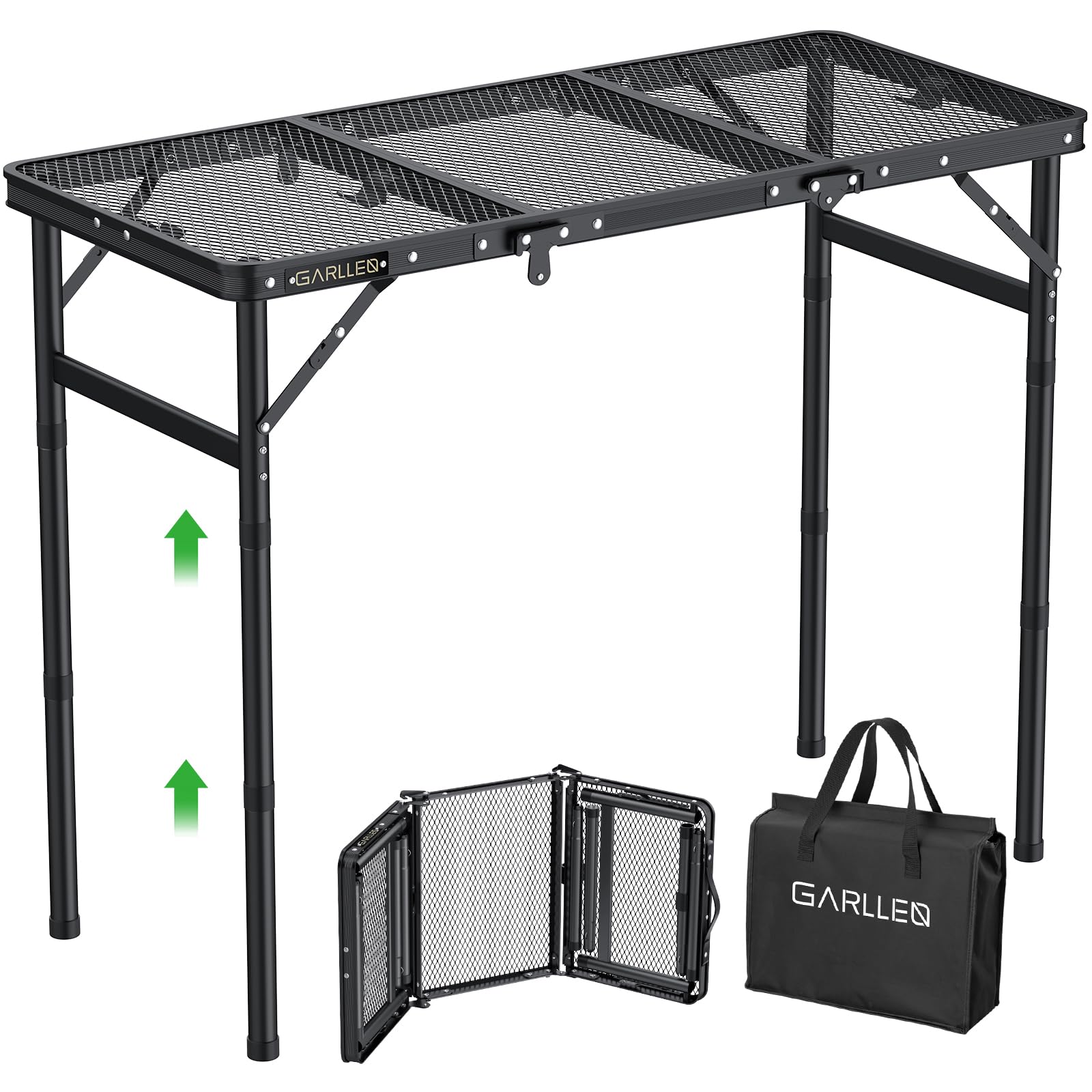 Photo 1 of GARLLEN Folding Grill Table, 3 Adjustable Height Portable Camping Table with Heat-Resistant Mesh Tabletop, Lightweight Aluminum Picnic Table for Outdoor, BBQ, Camping, 34.2" L x 15.7" W, Black