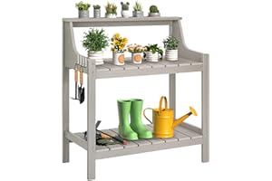 ONBRILL Potting Bench Table, HDPS Potting Bench with 4 Side Hooks, All-Weather Garden Table Work Station, Outdoor Potting Table for Porch, No Rust, No Fade, No Break, 360lbs Capacity (Grey, Large)