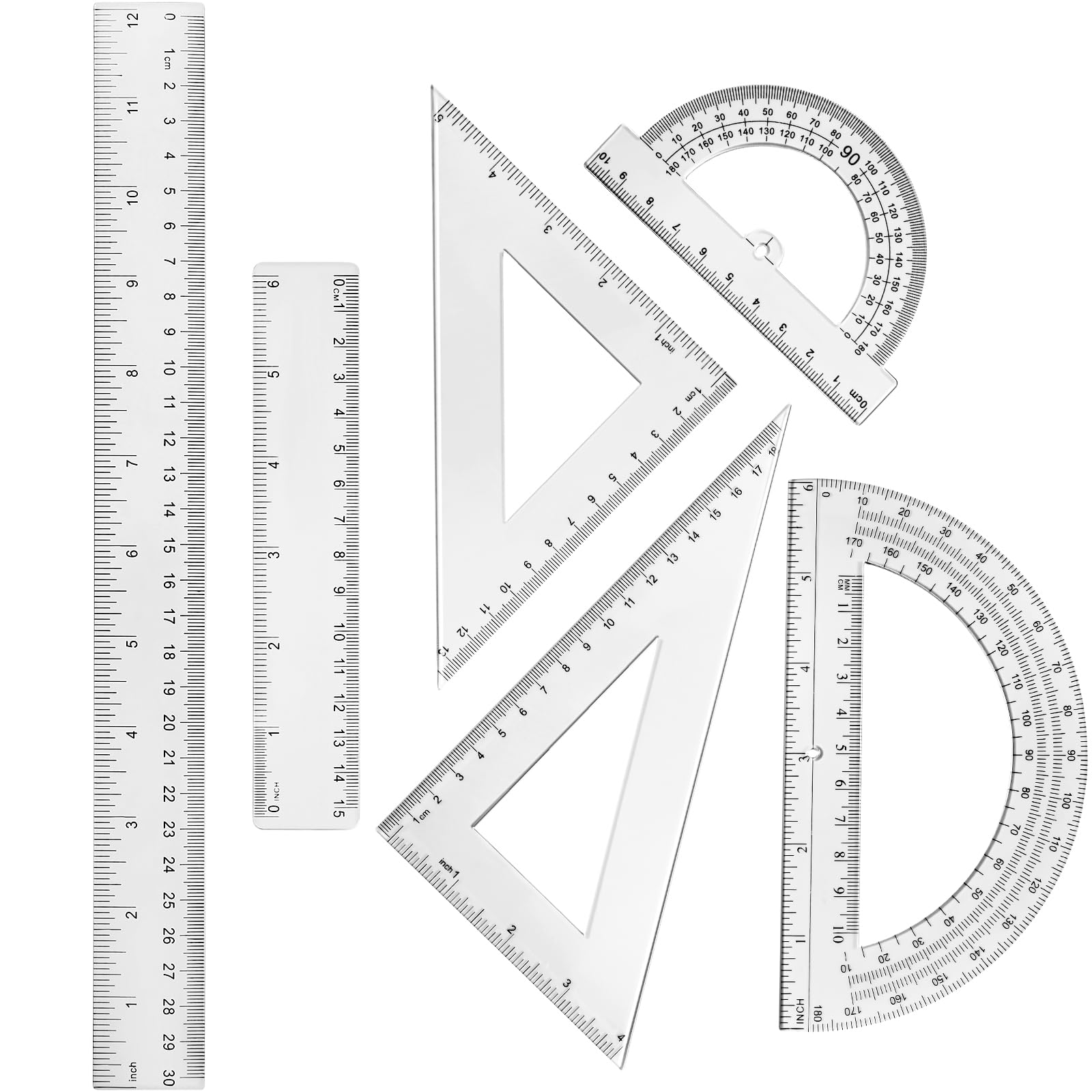 Photo 1 of Tenare 6 Pcs Plastic Ruler Math Set Includes 12 Inch 6 Inch Straight Protractor Triangle Geometry Transparent Math Ruler Measuring Tools for School Office Home(Clear)